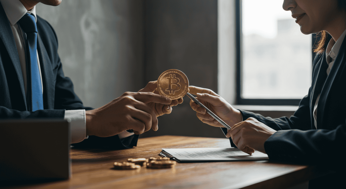 Businesspeople exchanging Bitcoin at office desk