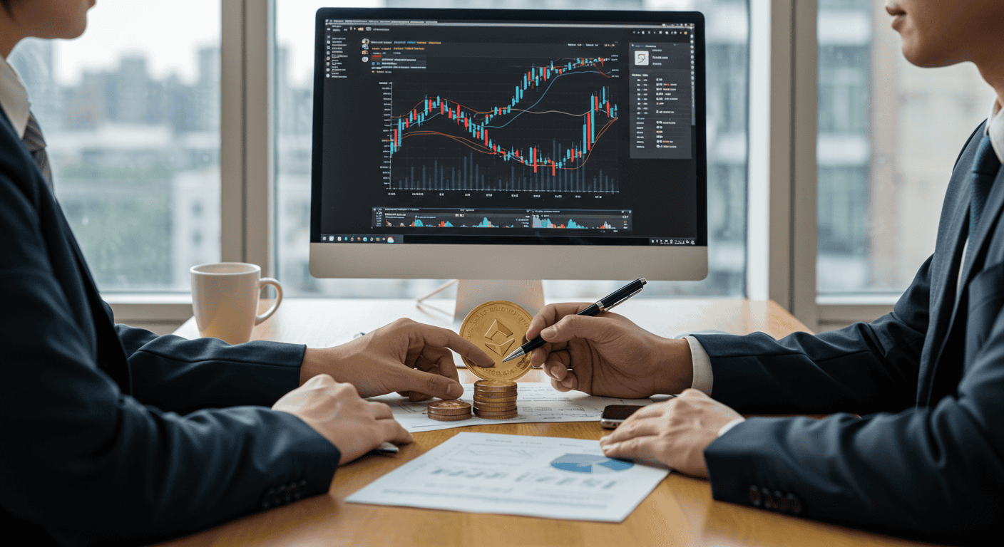 Business meeting analyzing cryptocurrency market data